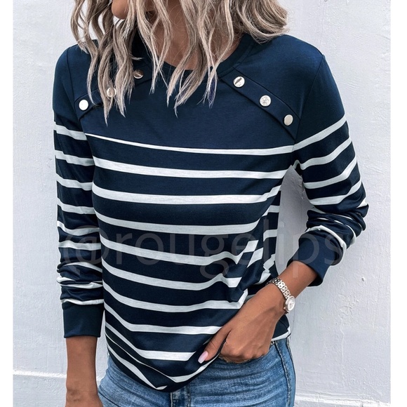 Rouge! Tops - Striped Button Detail Round Neck Long Sleeve Navy Blue Tee Shirt